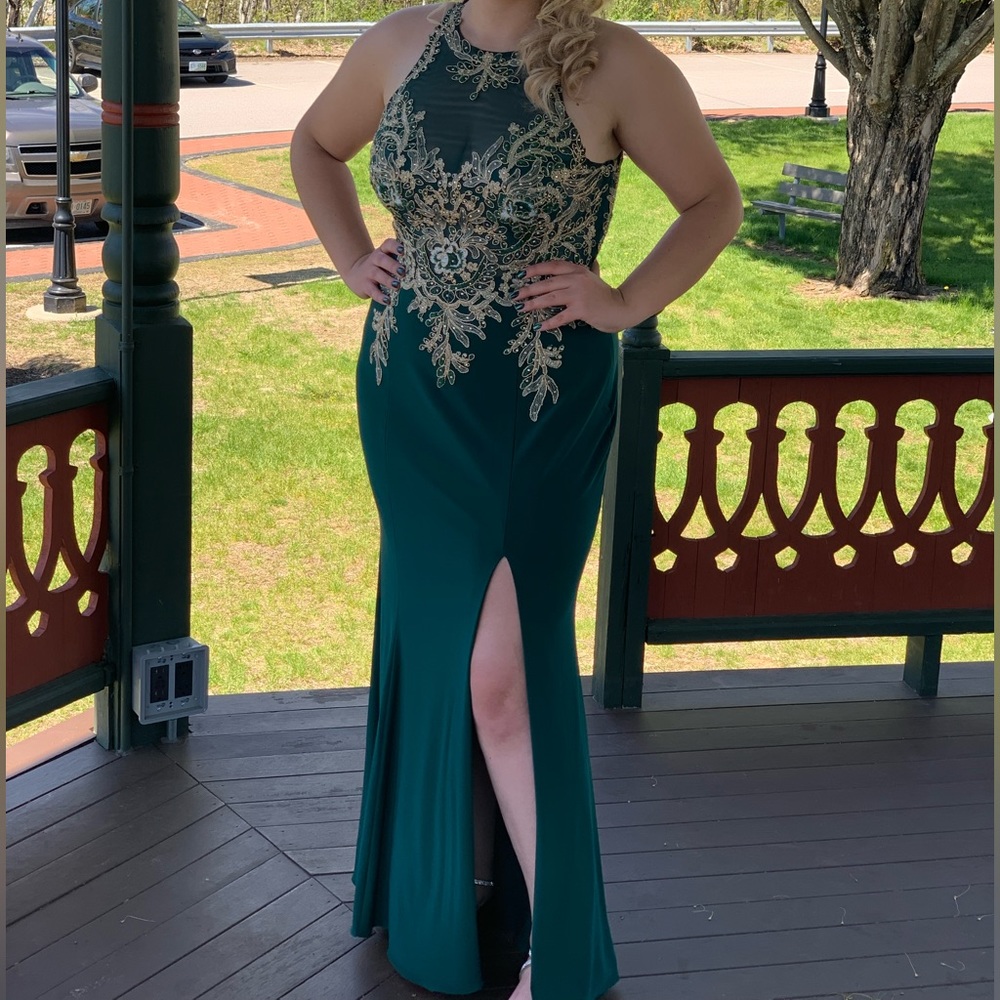 Xscape Teal and Gold Prom Dress - Picture 4 of 12